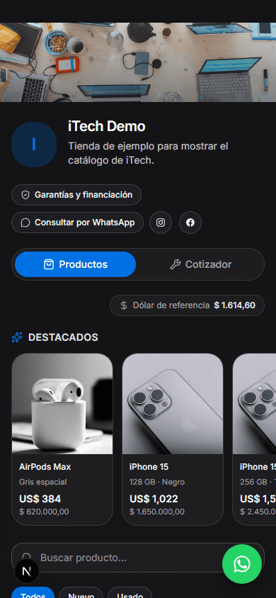 Catálogo de una tienda en iTech, visto desde un celular